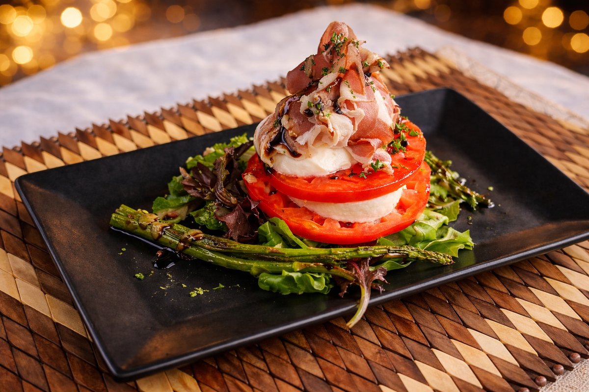 A plated caprese stack with prosciutto and heirloom tomato at Highlands Prohibition Kitchen
